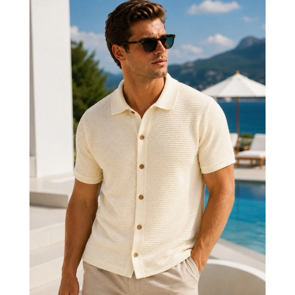 J Crew Polo Cardigan Mens L Cream Short Sleeve Cotton Waffle Knit Preppy CQ900